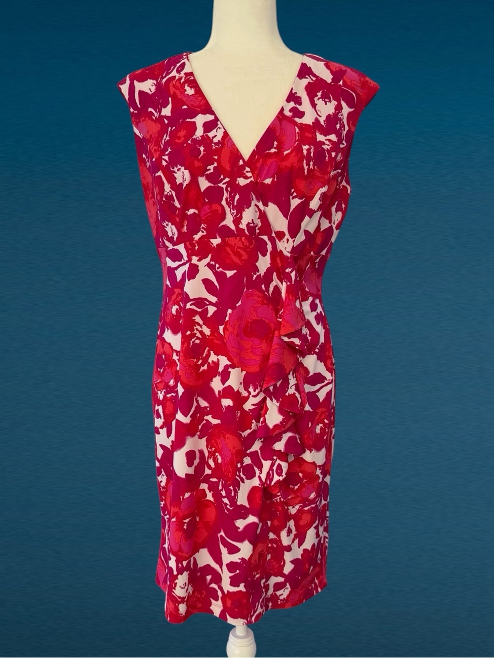 Coldwater Creek Pink & Red Floral V-Neck Ruffle Knee Length Sheath Dress, 10